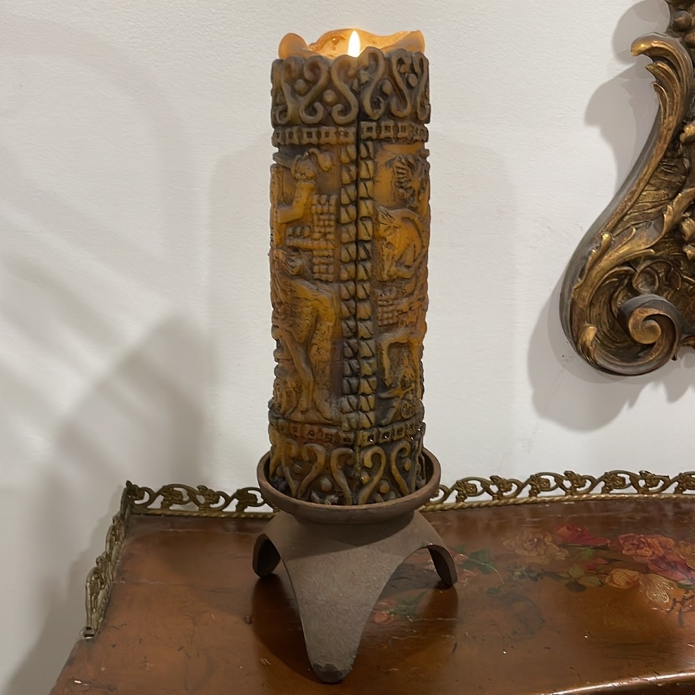 Vintage candle carved with brass candle holder